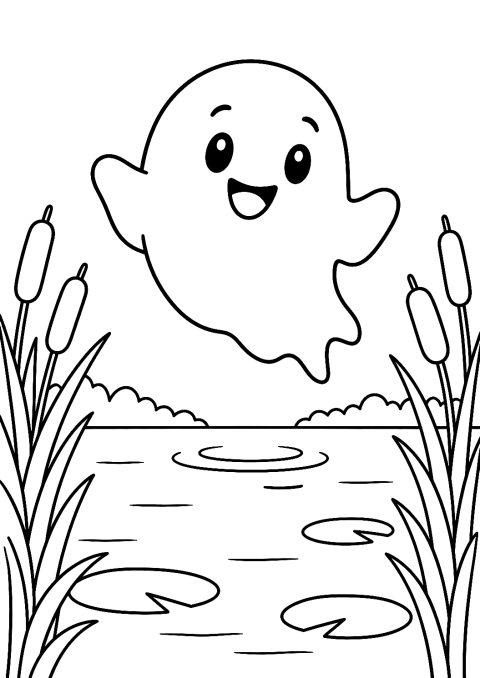 Fantasma che Fluttua su un Lago da Colorare – disegno da colorare da stampare