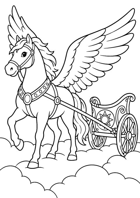 Pegasus trækker en vogn som farvelægningsbillede – malebog til udskrivning