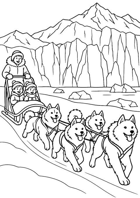 Sled Dogs in Front of the Glacier Coloring Page – printable coloring page