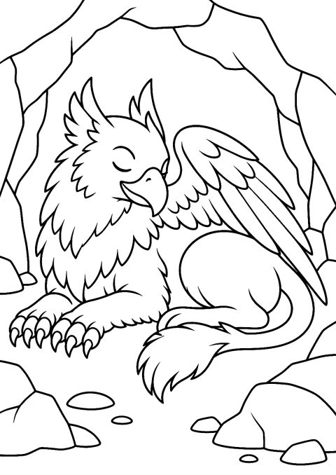 Grifo descansando en una cueva rocosa para colorear – dibujo para colorear e imprimir