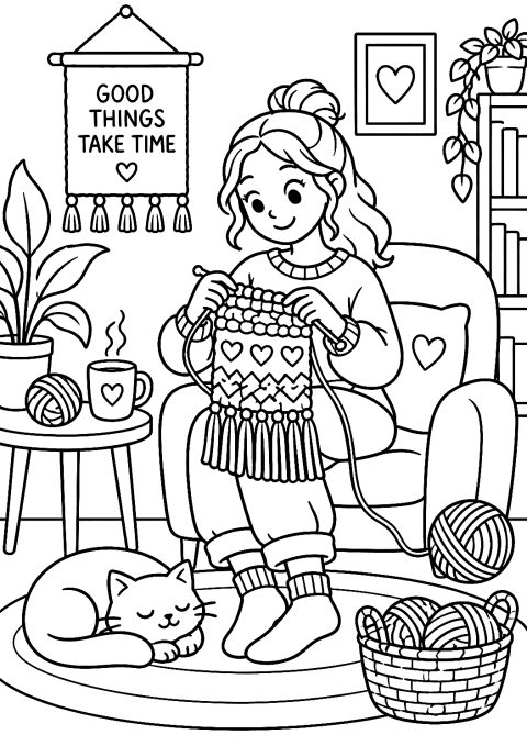 Artiste Tricotant une Tenture Murale à Colorier – coloriage à imprimer
