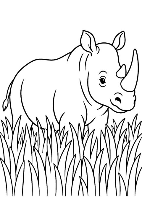 背の高い草に隠れるサイのぬりえ – 印刷用ぬりえ