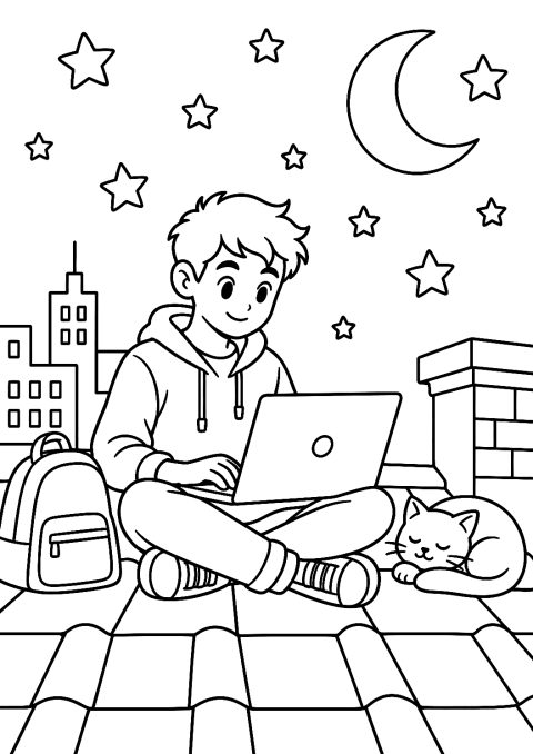 屋根の上で星空の下ノートパソコンを使うプログラマーのぬりえ – 印刷用ぬりえ