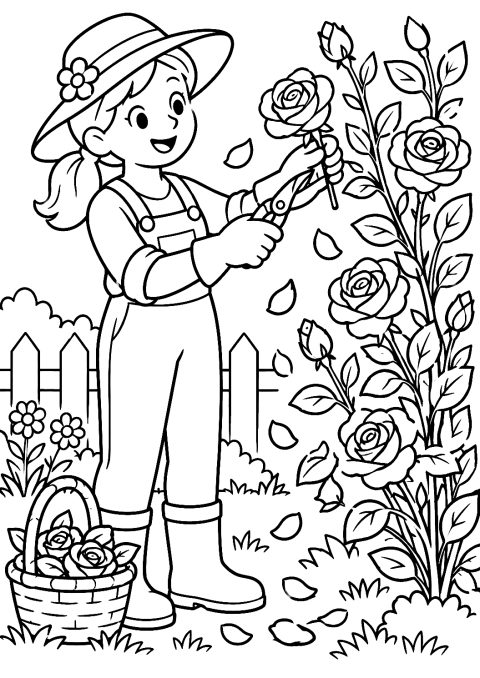 Gardener Pruning Roses in Summer Coloring Page – printable coloring page