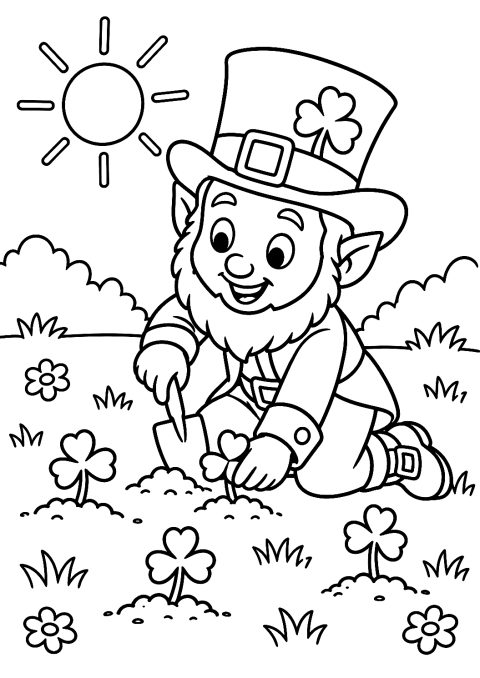 Kobold im Frühling beim Pflanzen von Kleeblättern als Malvorlage – Ausmalbild zum Ausdrucken