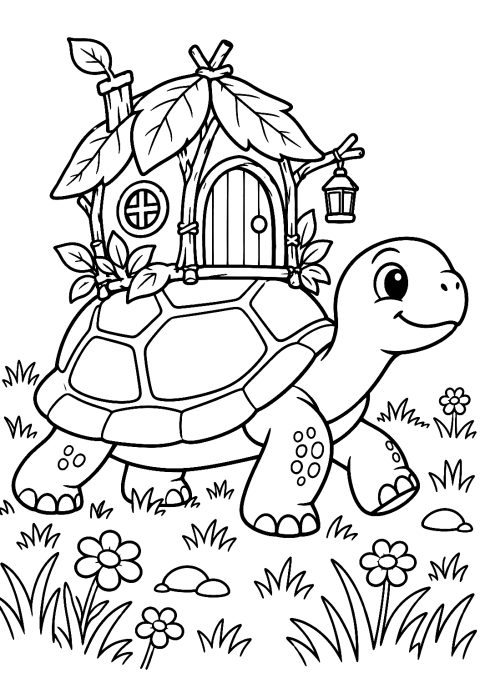 Tartaruga con una casa di foglie da colorare – disegno da colorare da stampare