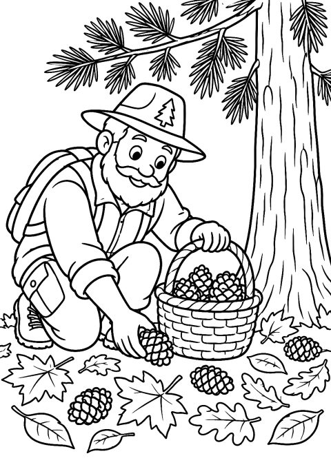 Guardaboschi raccoglie pigne in autunno da colorare – disegno da colorare da stampare