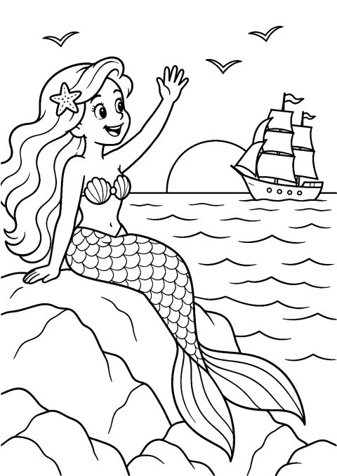 Sirena Saludando a los Marineros para Colorear – dibujo para colorear e imprimir