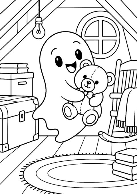 Ghost Child with Teddy Bear Coloring Page – printable coloring page
