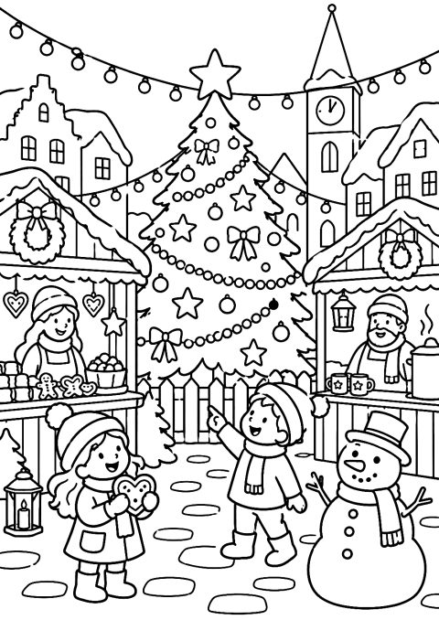 Mercatino di Natale con Bancarelle e Luci da Colorare – disegno da colorare da stampare