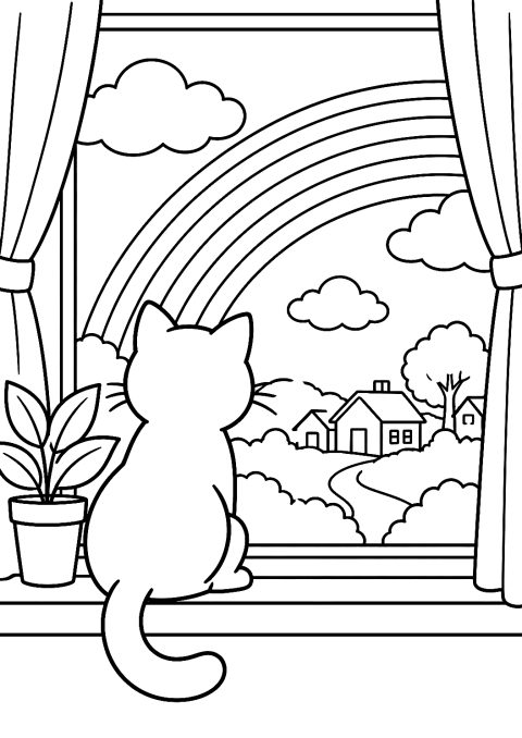 Chat observant l'arc-en-ciel à colorier – coloriage à imprimer