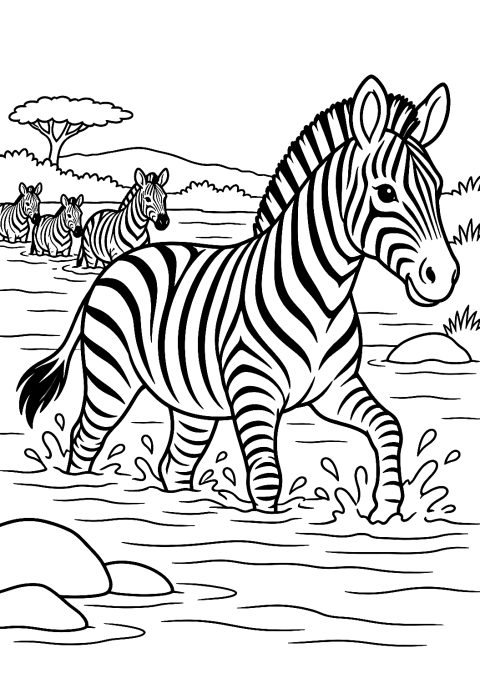 Bir nehri geçen zebra boyama sayfası – yazdırılabilir boyama sayfası