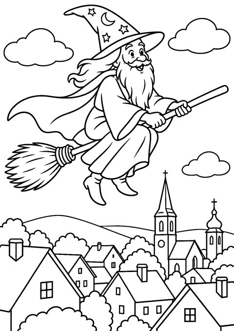 巫师骑扫帚飞越城市上空涂色页 – 可打印的涂色图