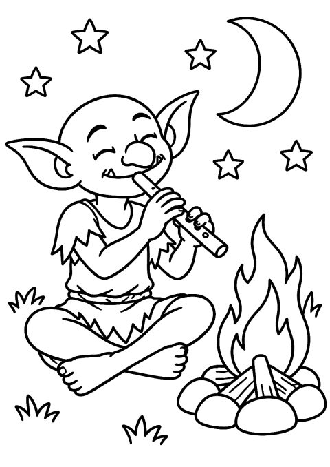 小精灵在篝火旁吹长笛涂色页 – 可打印的涂色图