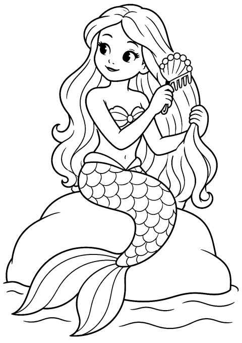 Coloriage d'une Sirène Brossant ses Cheveux avec un Peigne en Coquillages – coloriage à imprimer