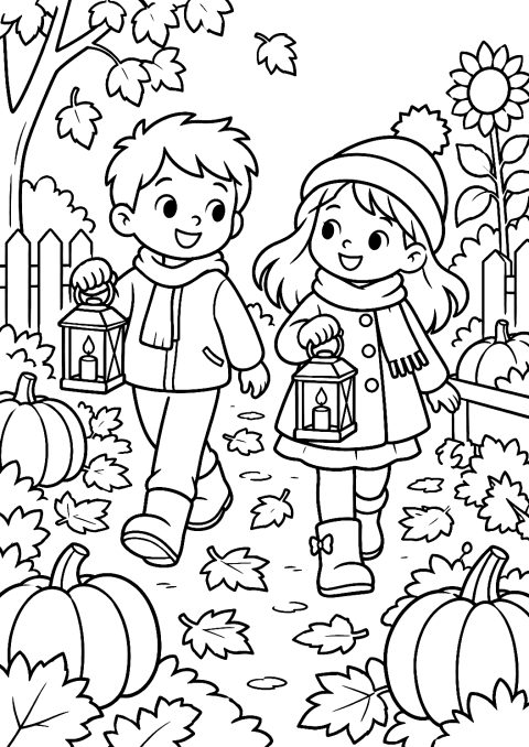 Kinderen bij de lampionnenoptocht in de herfsttuin als kleurplaat – kleurplaat om af te drukken