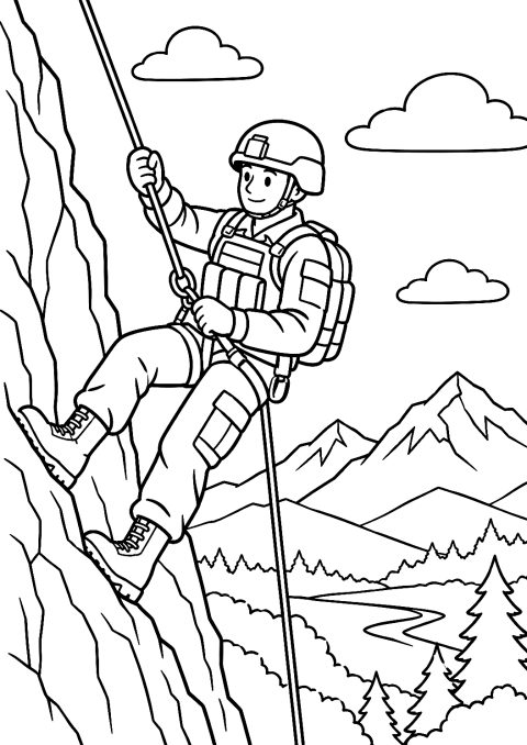 Soldado a Descer em Rapel numa Parede Rochosa para Colorir – desenho para colorir para imprimir