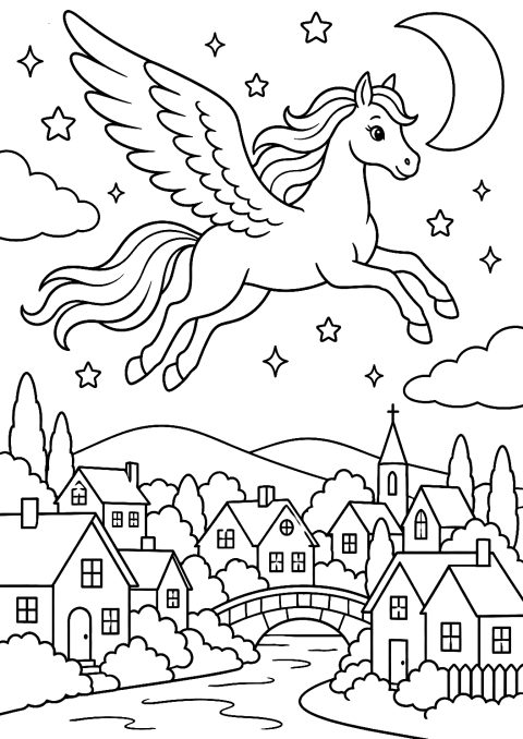 Pégaso Voa Sobre uma Cidade à Noite para Colorir – desenho para colorir para imprimir