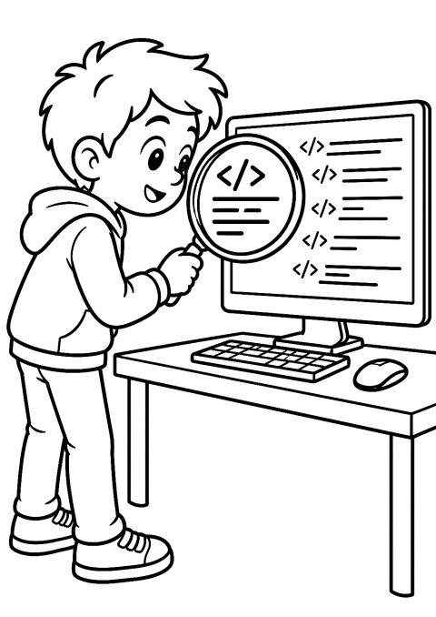 Programmiererin mit Lupe sucht einen Fehler im Code als Malvorlage – Ausmalbild zum Ausdrucken