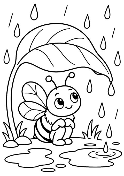 Abelha à chuva debaixo de uma folha para colorir – desenho para colorir para imprimir