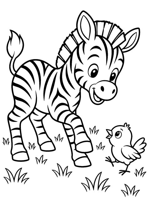 Zebra speelt met een vogel als kleurplaat – kleurplaat om af te drukken