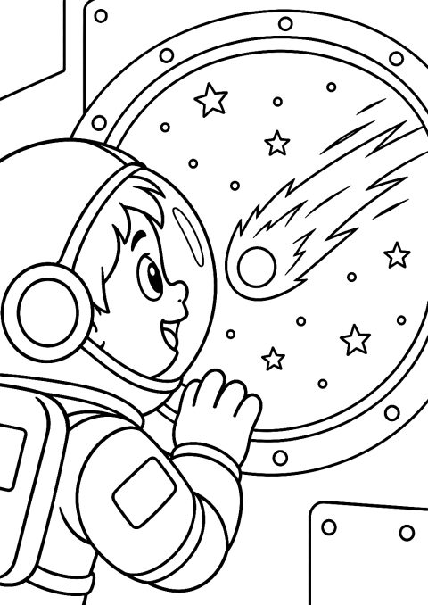 Astronaut Watches a Comet Through the Porthole Coloring Page – printable coloring page