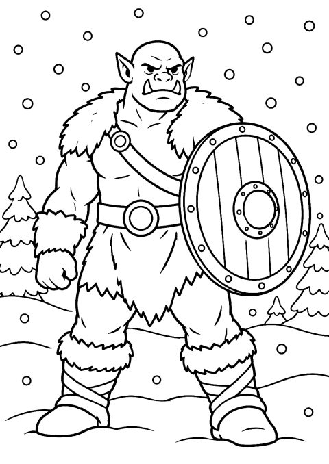 Orc with Shield in the Snow Coloring Page – printable coloring page