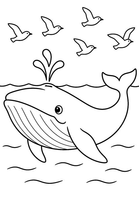 Disegno da colorare: balena con stormo di uccelli – disegno da colorare da stampare