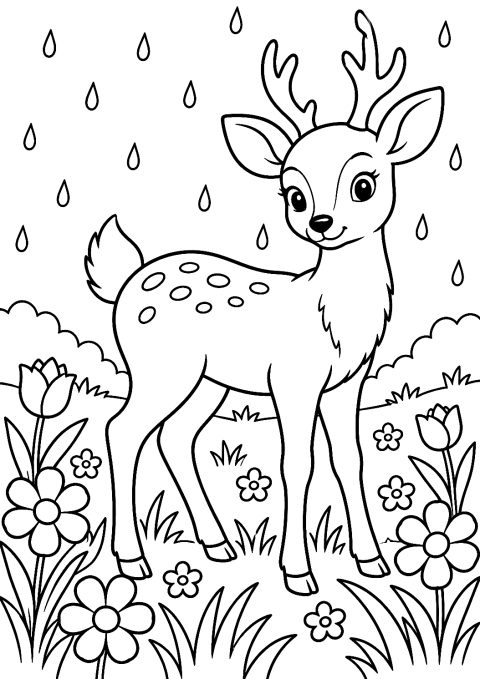 Cerf sous la pluie de printemps à colorier – coloriage à imprimer