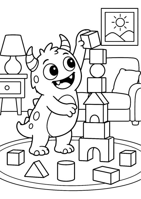 Un Monstre Construit une Tour de Blocs à Colorier – coloriage à imprimer