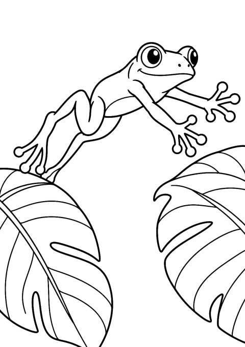 Baumfrosch springt zwischen Blättern als Malvorlage – Ausmalbild zum Ausdrucken