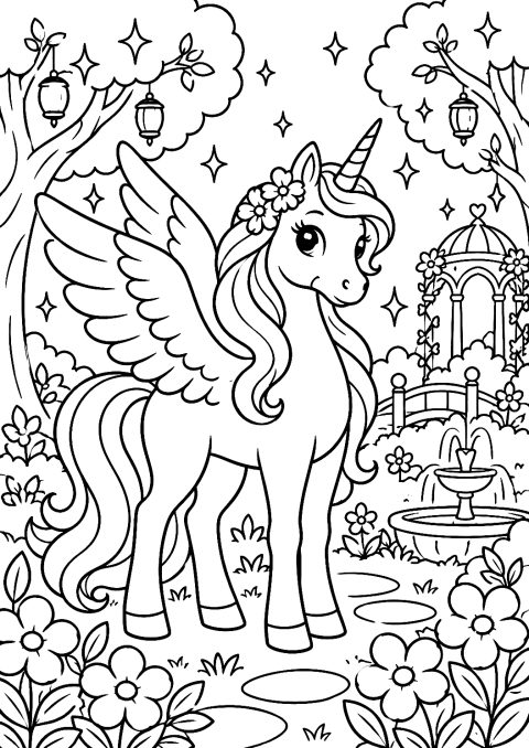 Unicorn with Wings in the Magic Garden Coloring Page – printable coloring page