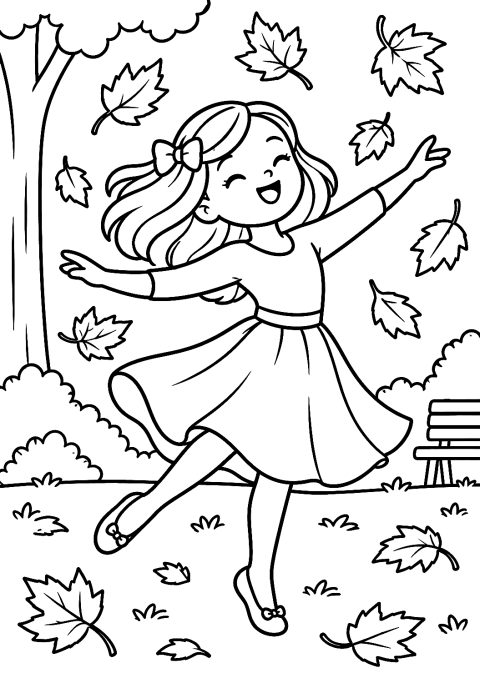 Bailarina nas Folhas de Outono numa Dança ao Ar Livre para Colorir – desenho para colorir para imprimir