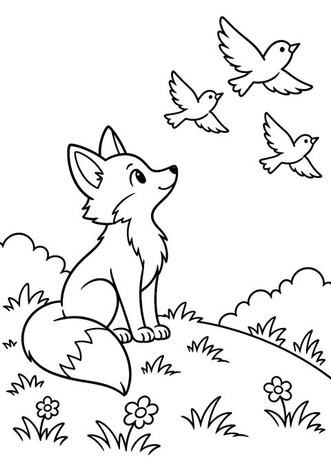 Fuchs beobachtet Vögel von einem Hügel als Malvorlage – Ausmalbild zum Ausdrucken