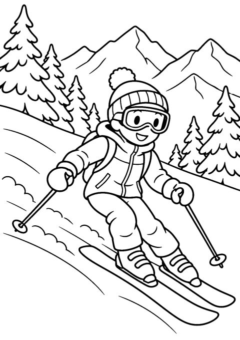 Skifahrer auf der Abfahrt als Malvorlage – Ausmalbild zum Ausdrucken