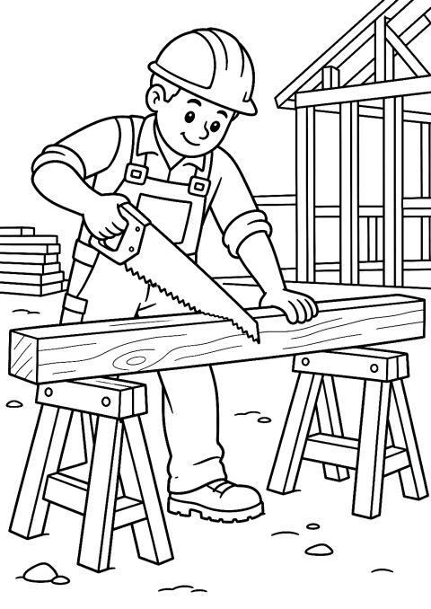 Ouvrier du Bâtiment Sciant une Poutre en Bois à Colorier – coloriage à imprimer