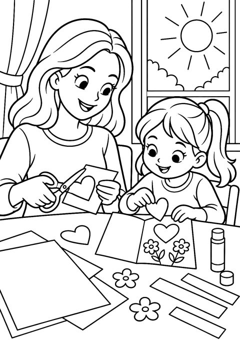 Mère et Enfant Fabriquant une Carte de Vœux près de la Fenêtre à Colorier – coloriage à imprimer