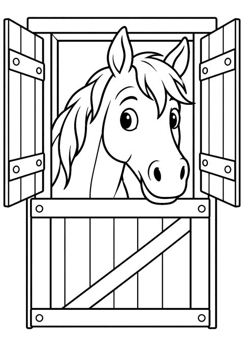 Cavallo che Guarda dalla Finestra della Stalla da Colorare – disegno da colorare da stampare