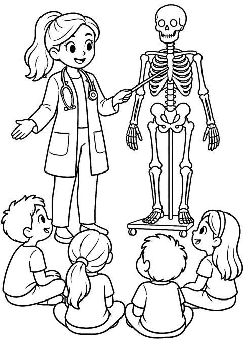 Doctor Explaining a Skeleton in the Classroom Coloring Page – printable coloring page