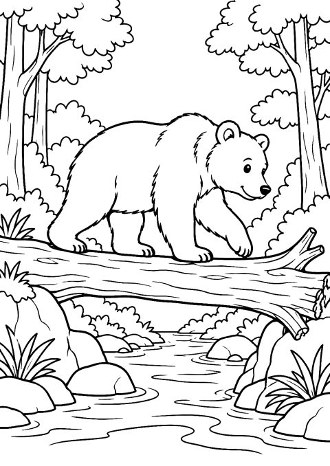 Bär balanciert auf einem Baumstamm als Malvorlage – Ausmalbild zum Ausdrucken