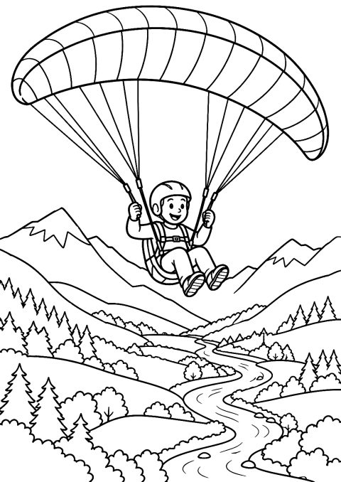 Piloot in een paraglider boven een groen dal als kleurplaat – kleurplaat om af te drukken