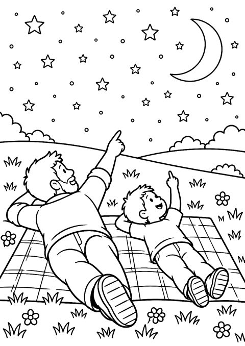 Pai e Filho a Observar as Estrelas para Colorir – desenho para colorir para imprimir