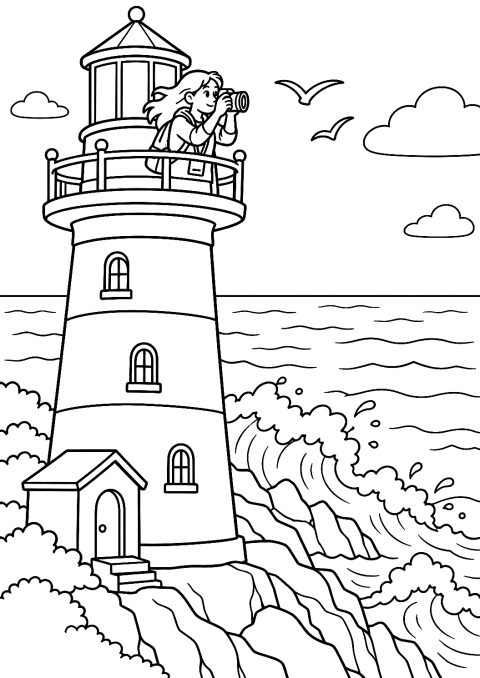 Jornalista com câmara num farol para colorir – desenho para colorir para imprimir