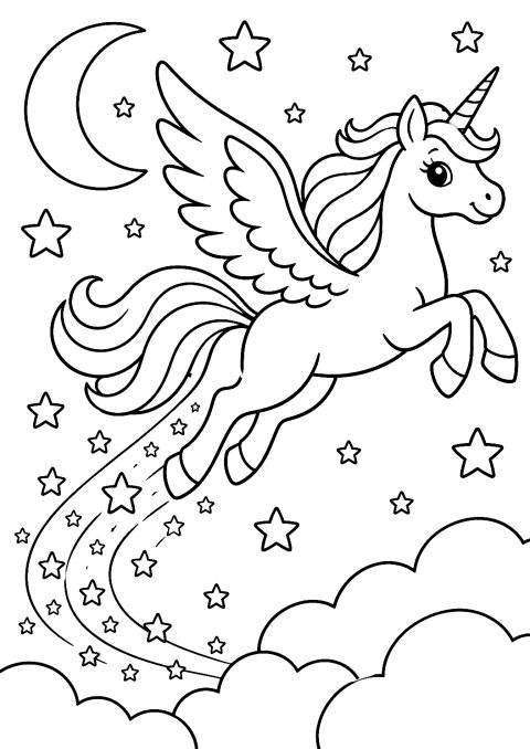 Unicórnio Voador com Rasto de Estrelas para Colorir – desenho para colorir para imprimir