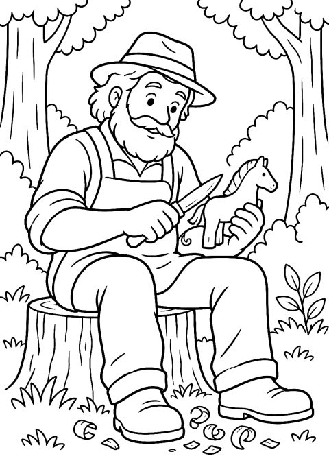 Escultora a Talhar um Cavalo de Madeira na Floresta para Colorir – desenho para colorir para imprimir