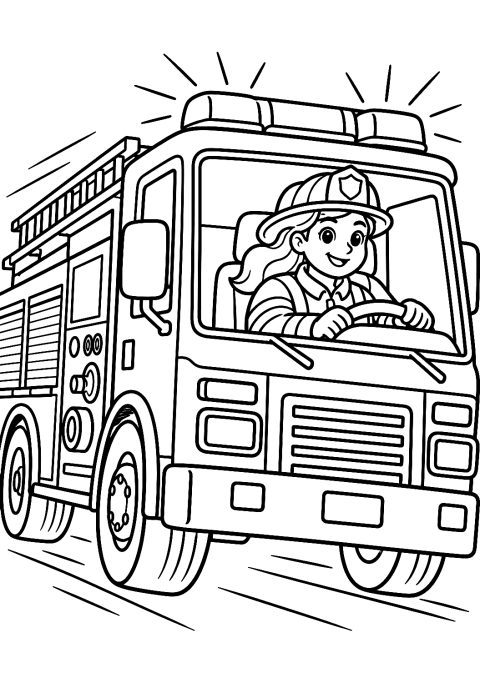 Bombeira ao Volante do Carro dos Bombeiros para Colorir – desenho para colorir para imprimir