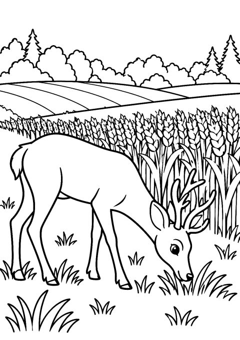 Hirsch beim Grasen am Feldrand als Malvorlage – Ausmalbild zum Ausdrucken