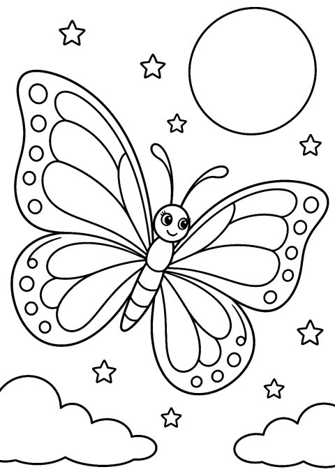 Schmetterling tanzt im Mondlicht als Malvorlage – Ausmalbild zum Ausdrucken