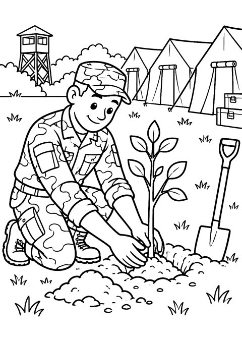 キャンプで木を植える兵士のぬりえ – 印刷用ぬりえ