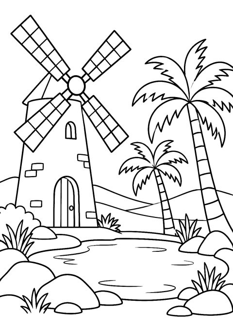 Windmolen in de woestijnoase als kleurplaat – kleurplaat om af te drukken